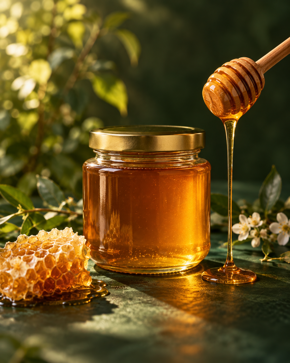 Amber honey in a glass jar with a wooden honey dipper and honeycomb